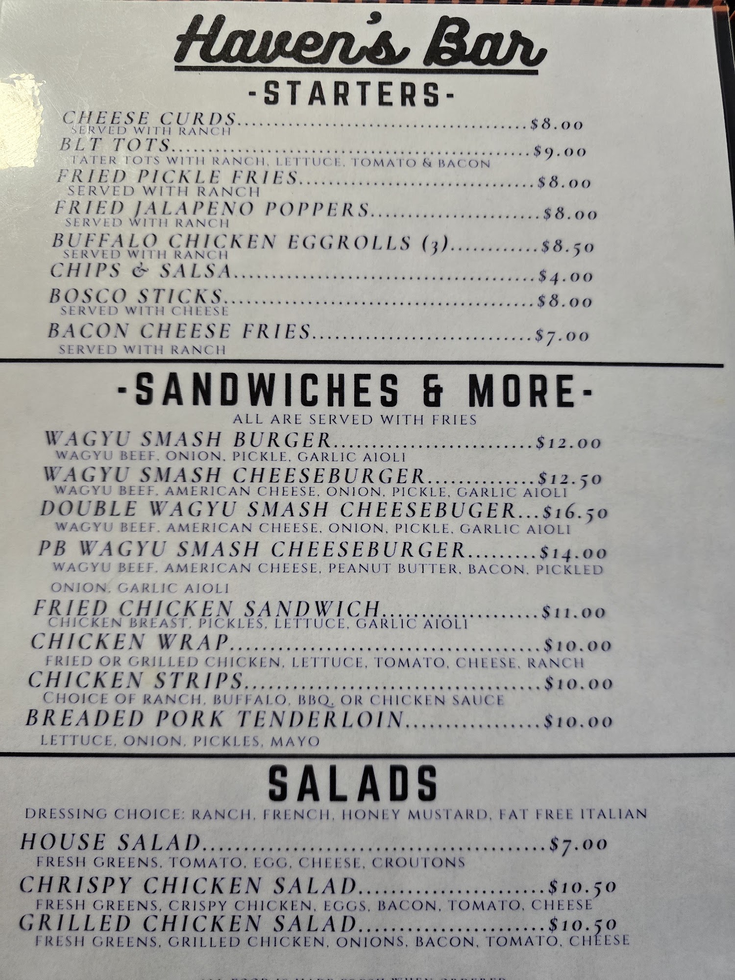 Haven's Bar Menu