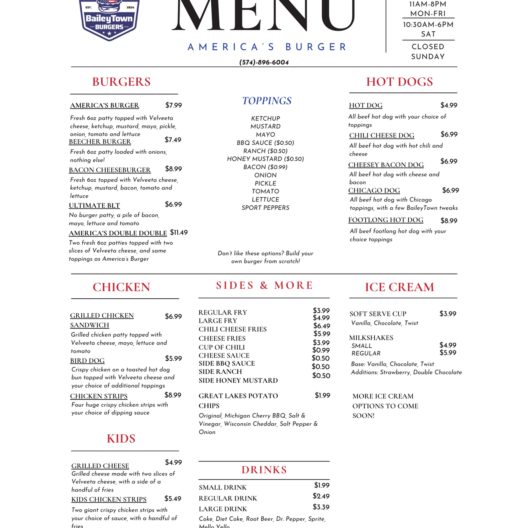 BaileyTown Burgers Menu