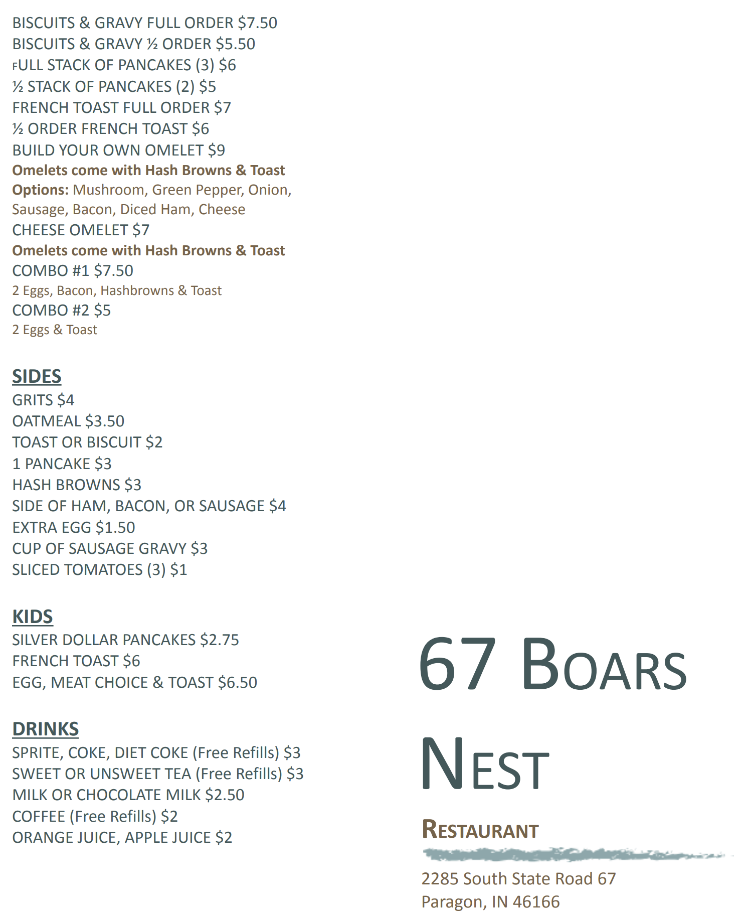 67 Boars Nest Menu
