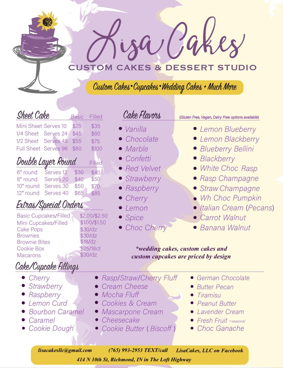 Lisa Cakes Menu