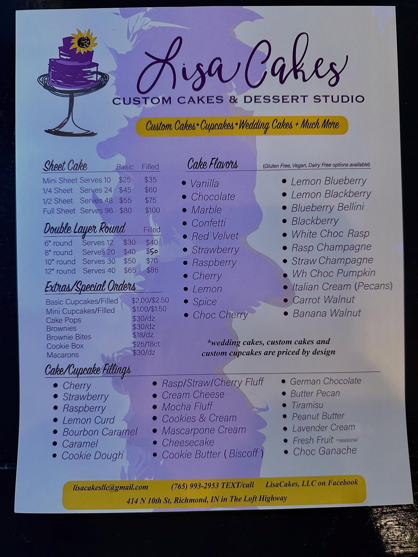 Lisa Cakes Menu