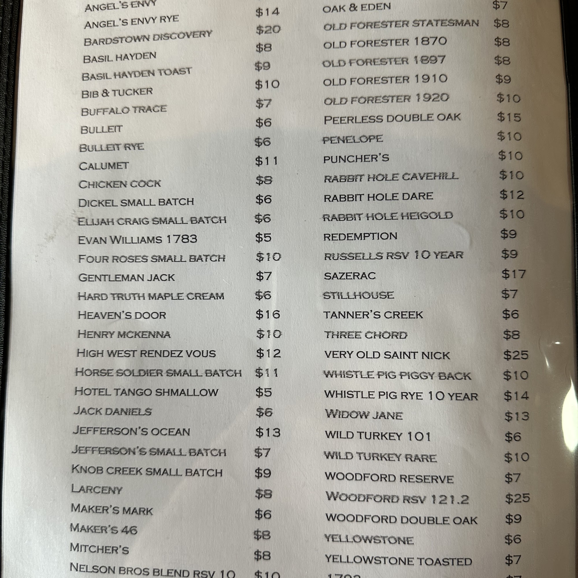 1838 Bourbon & Wine Bar Menu