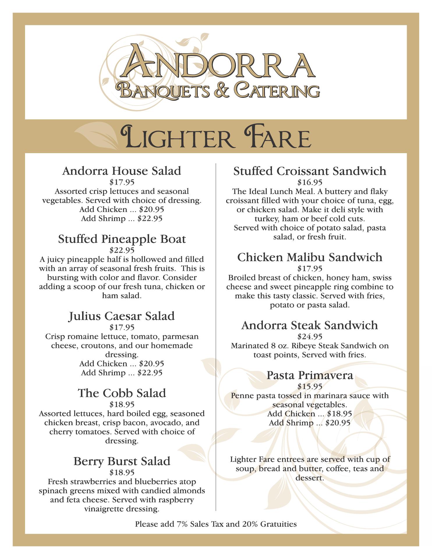 Andorra Banquets & Catering Menu