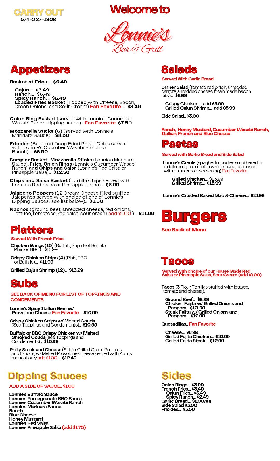 Lonnie's Bar & Grill Menu