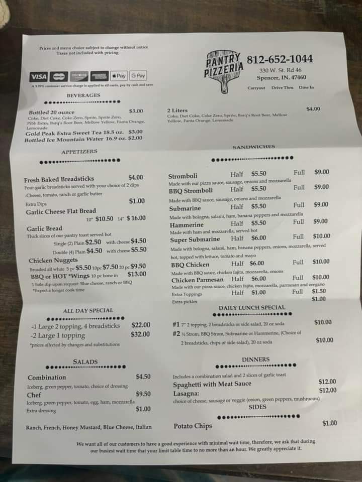 Pantry Pizzeria Menu