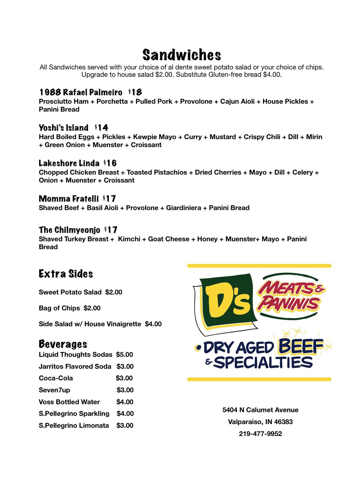 D’S Meats and Paninis Menu