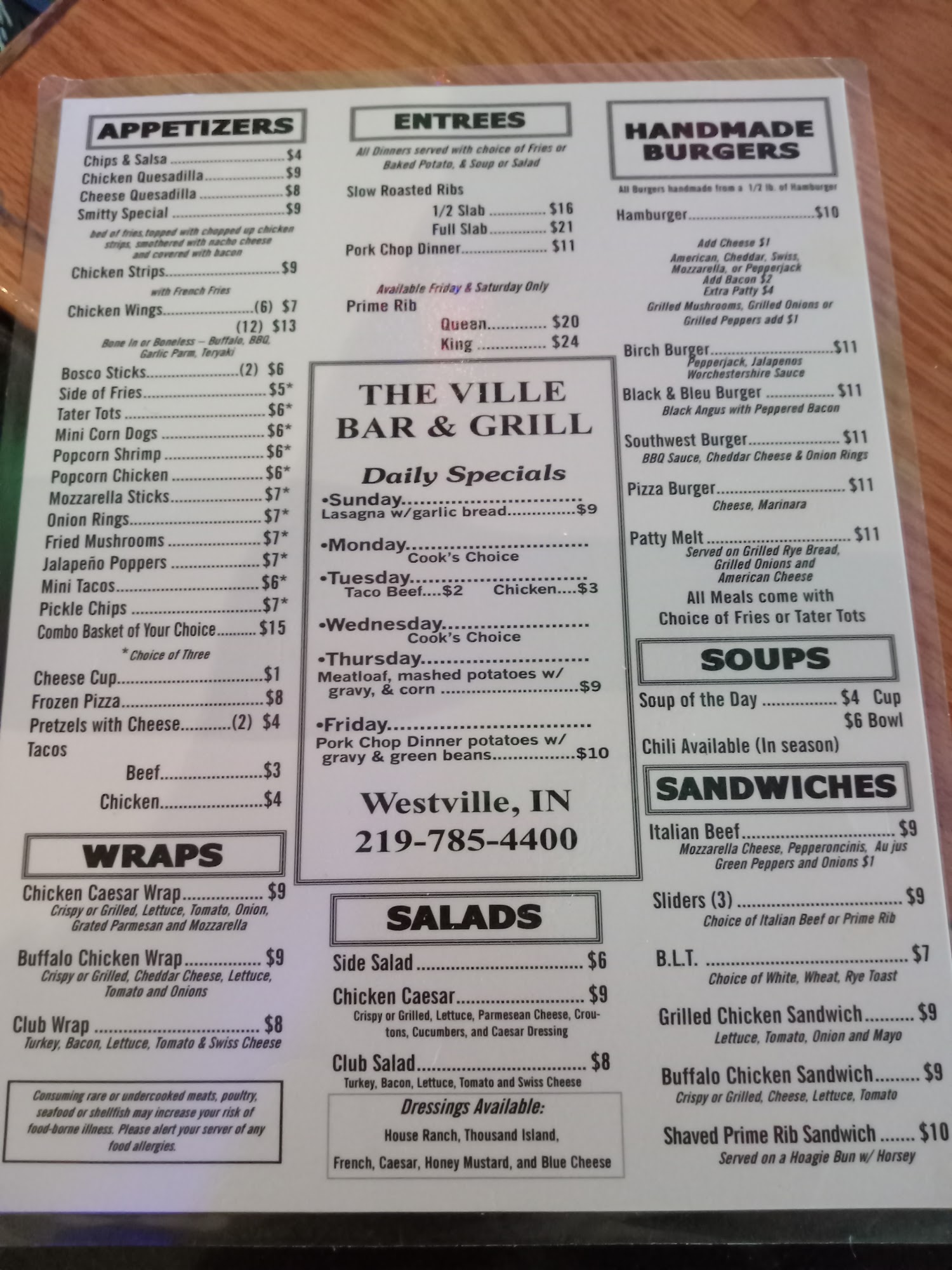 The Ville Bar & Grill Menu