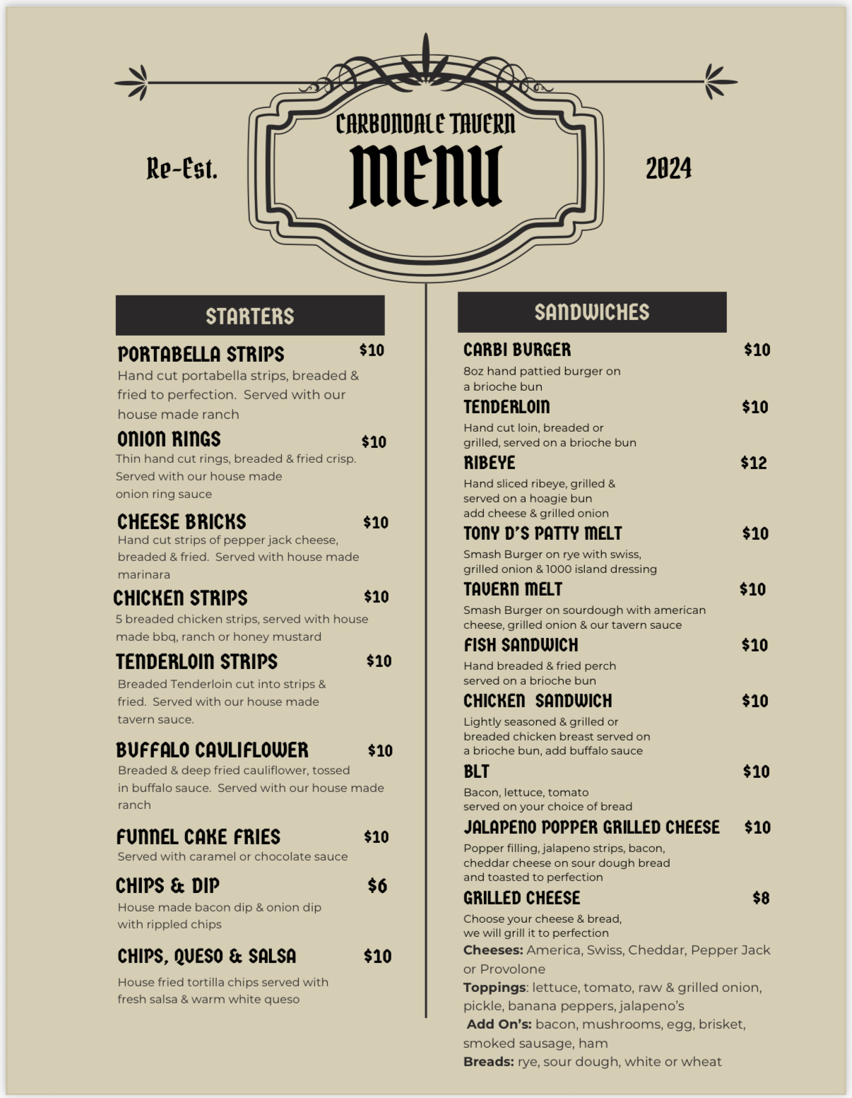 Carbondale Tavern, LLC Menu