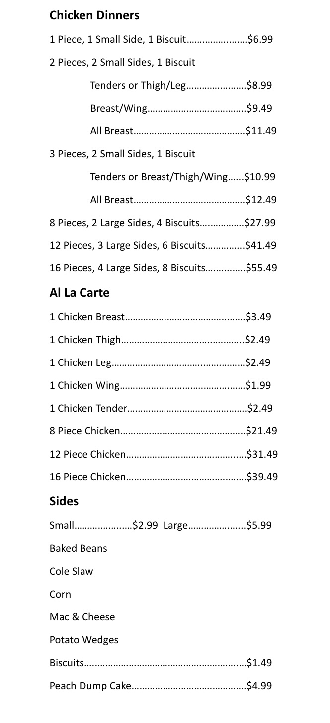 Binkys Chicken Menu