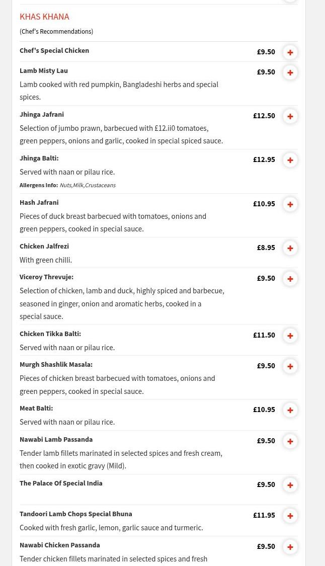 Palace Of India Menu