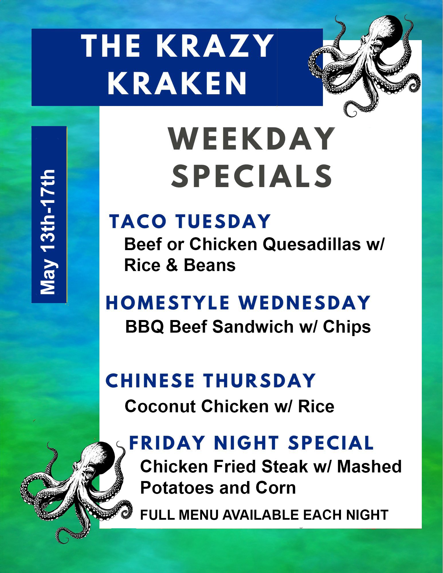 The Krazy Kraken Menu