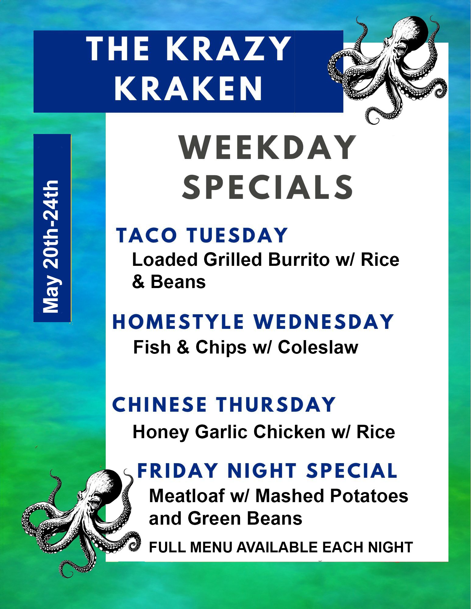 The Krazy Kraken Menu