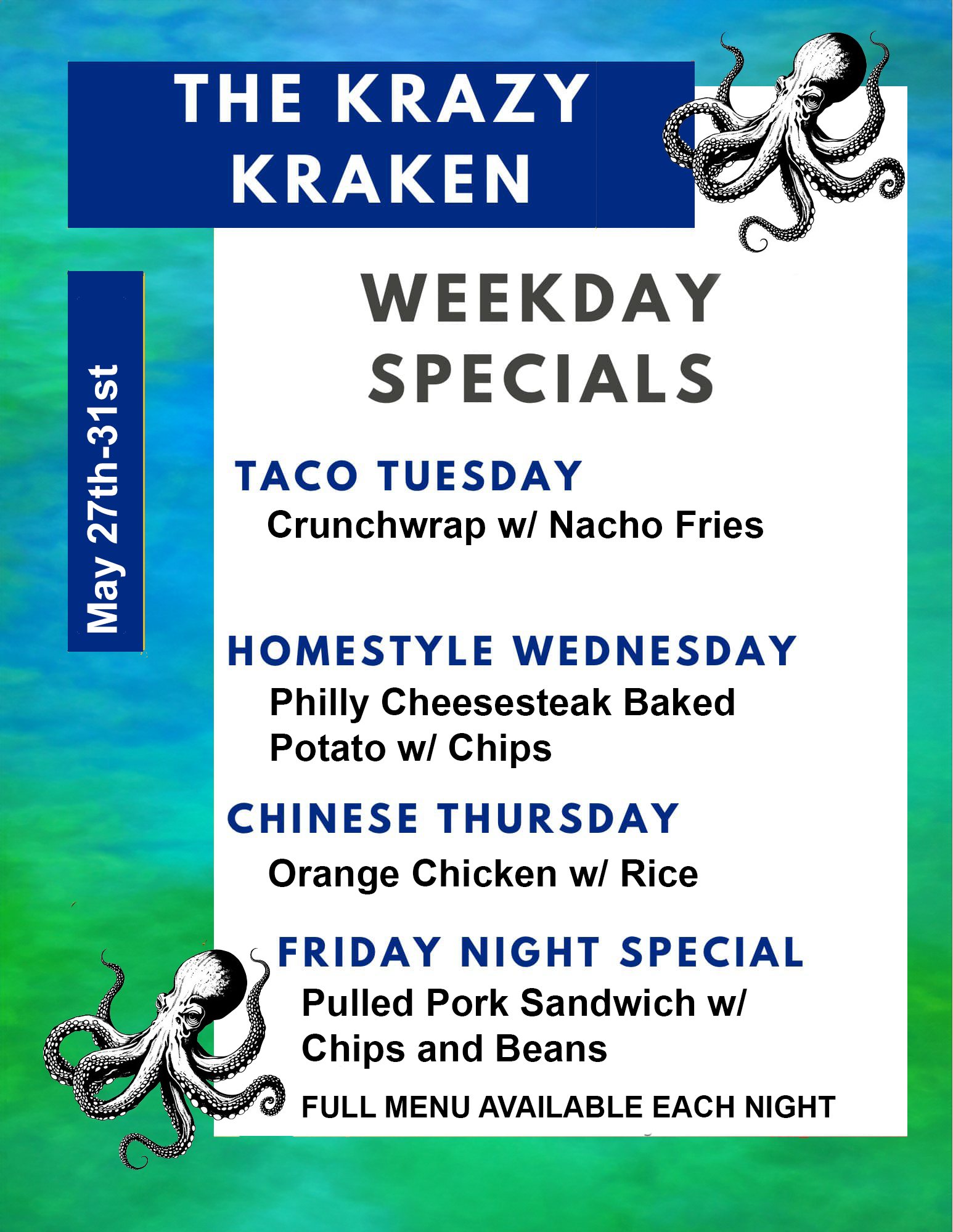 The Krazy Kraken Menu