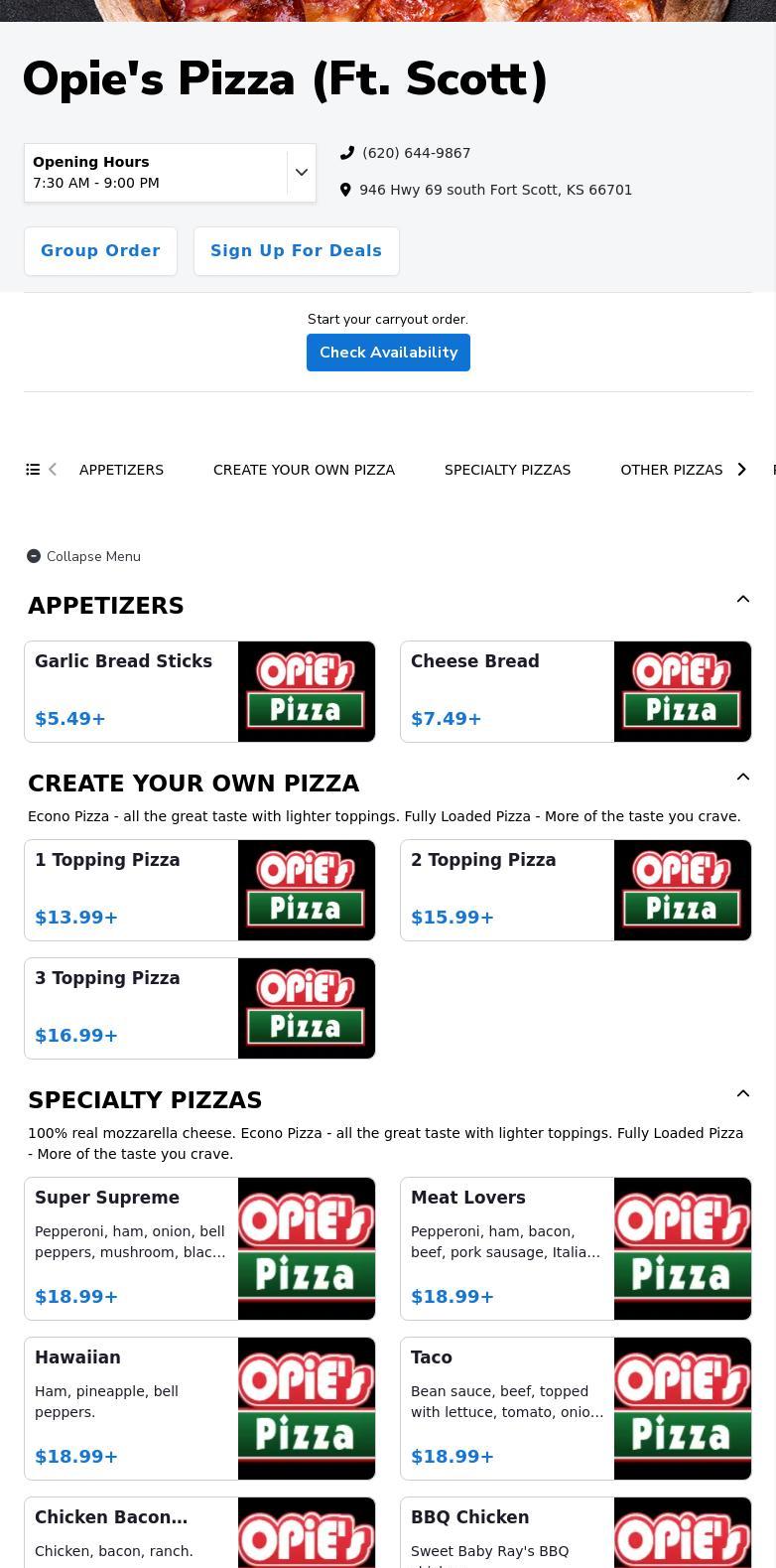Opie's Pizza Menu