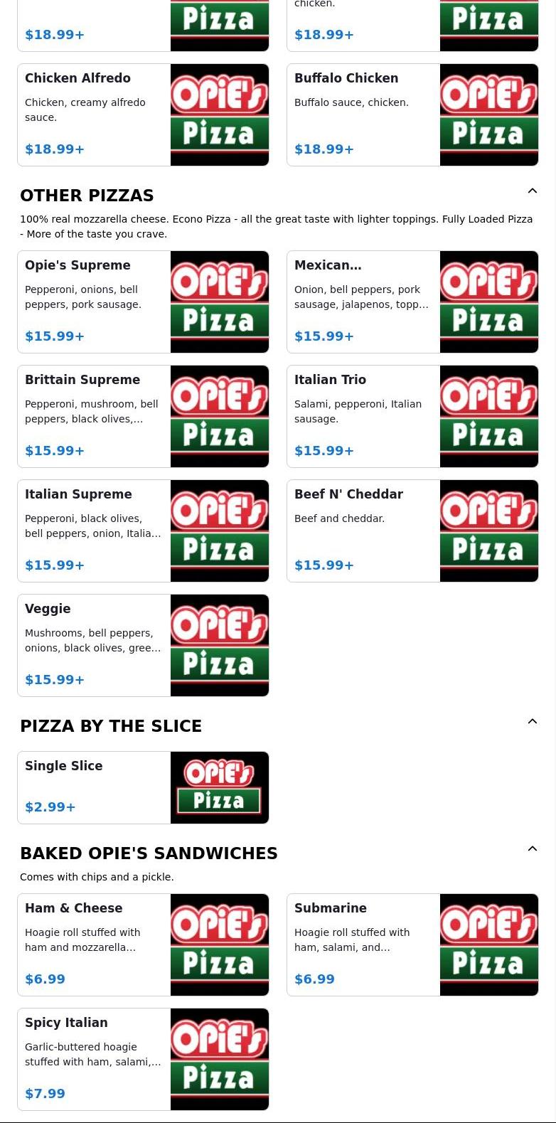 Opie's Pizza Menu