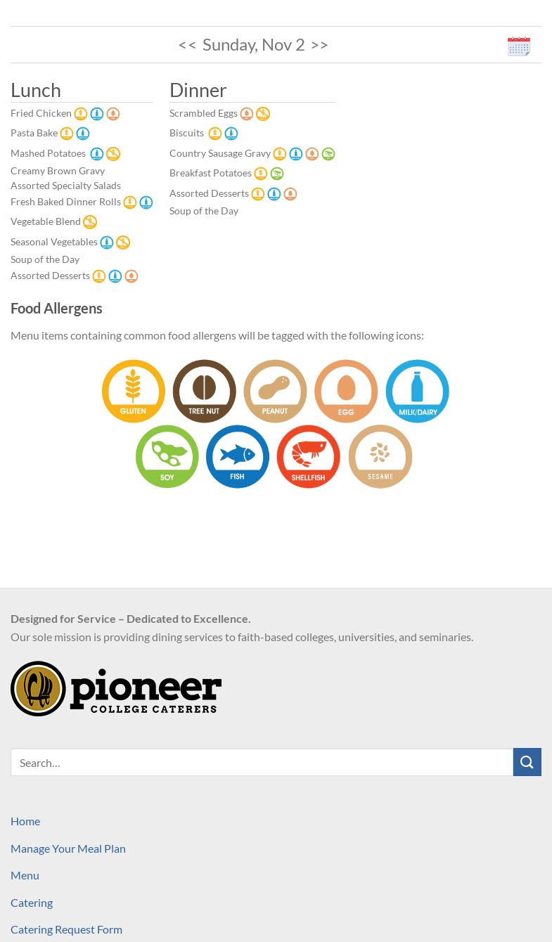 Pioneer College Caterers at Tabor College Menu