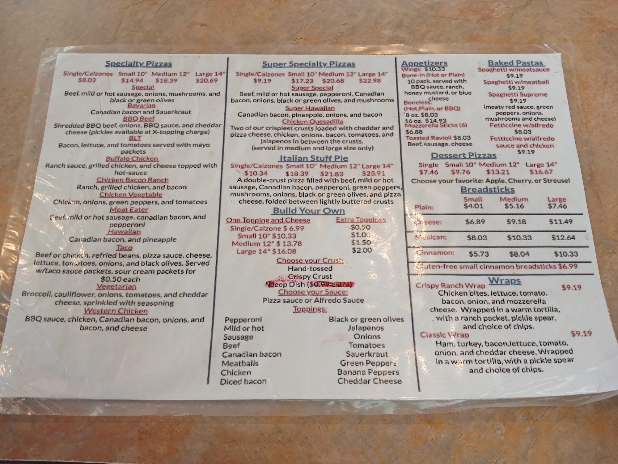 The Pizza Bakery Menu