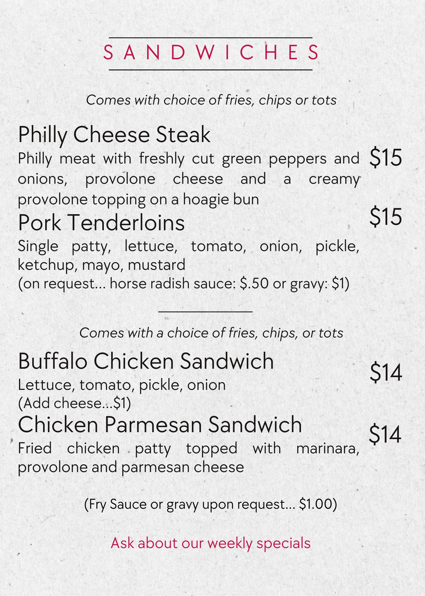 The Easy Inn Menu