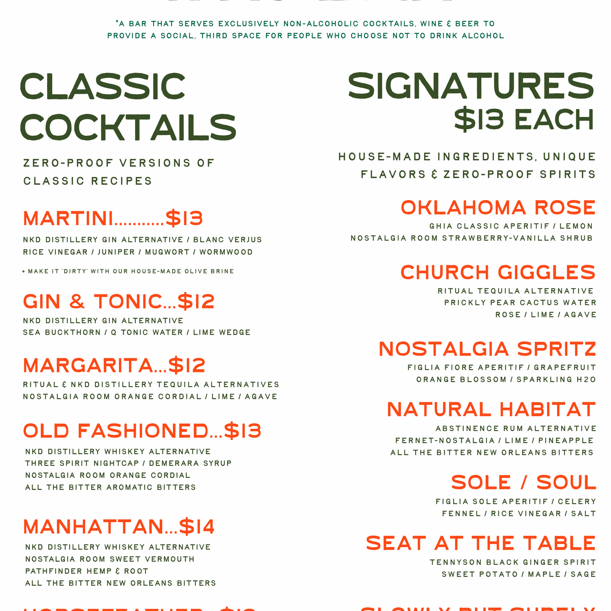 Nostalgia Room Menu
