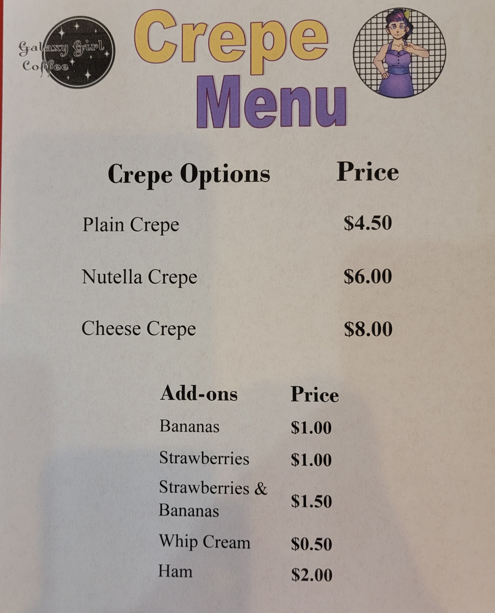 Galaxy Girl Coffee, LLC Menu
