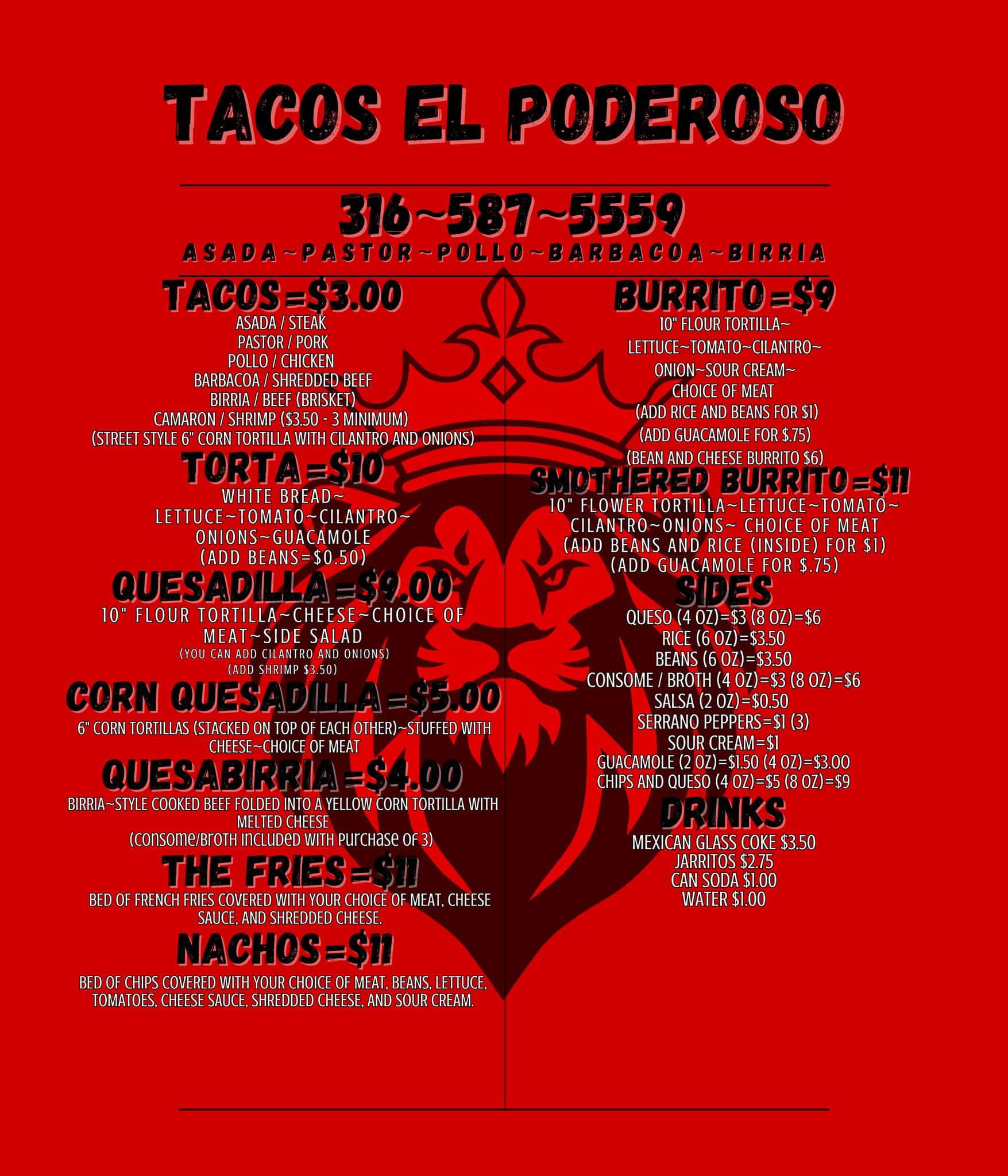 Tacos el poderoso LLC Menu