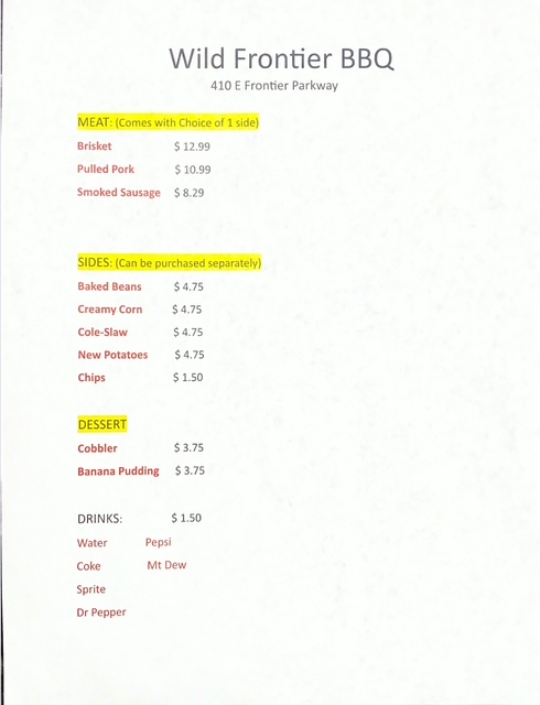 Wild Frontier BBQ Menu