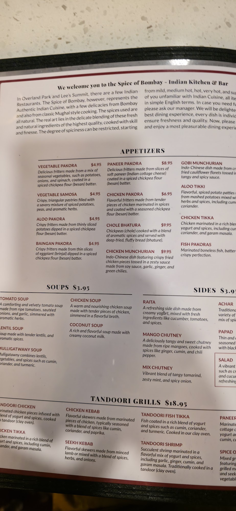 Spice of Bombay Menu