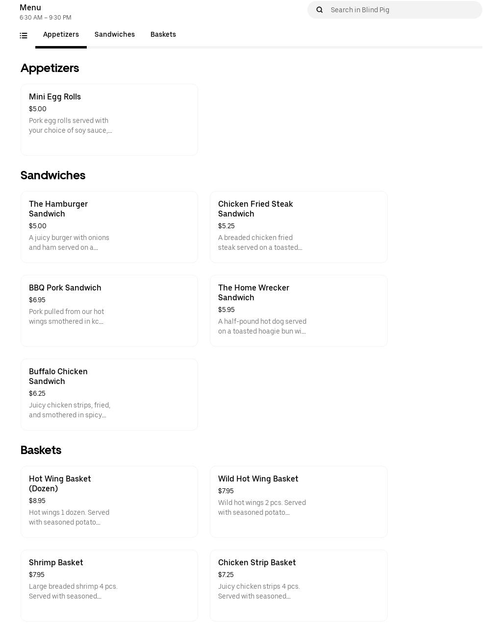 The Blind Pig Menu