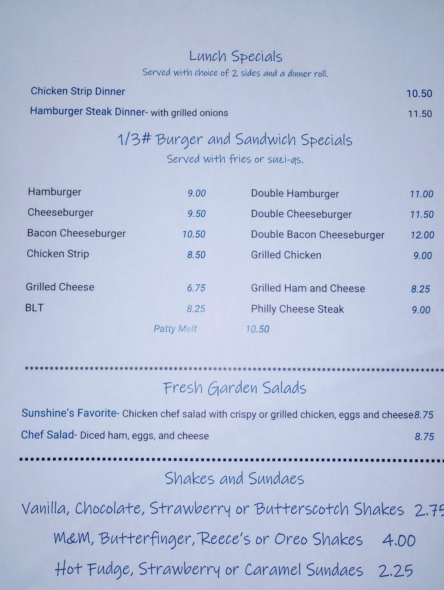Sunshine's Diner Menu