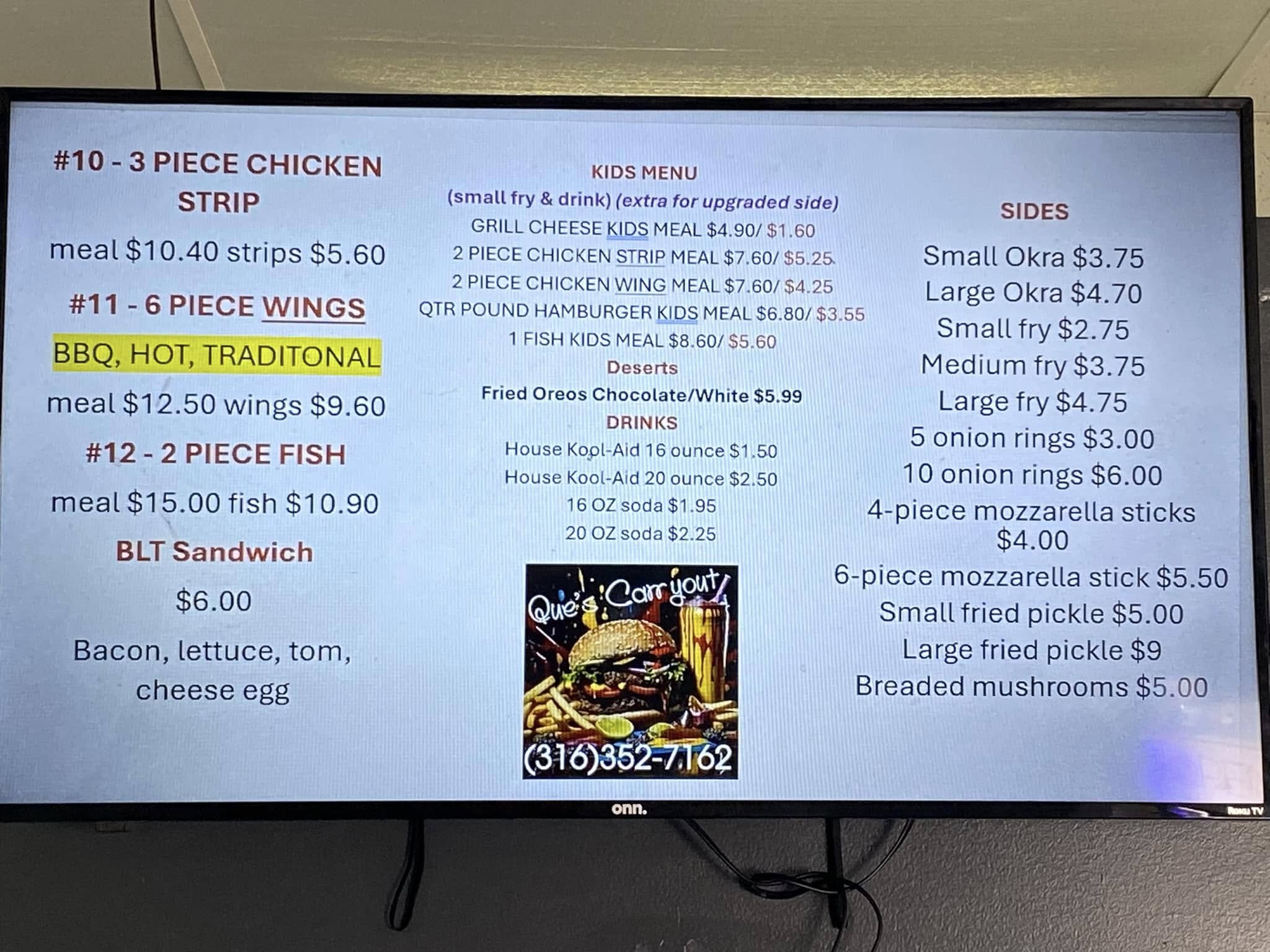 Que's Carryout Menu