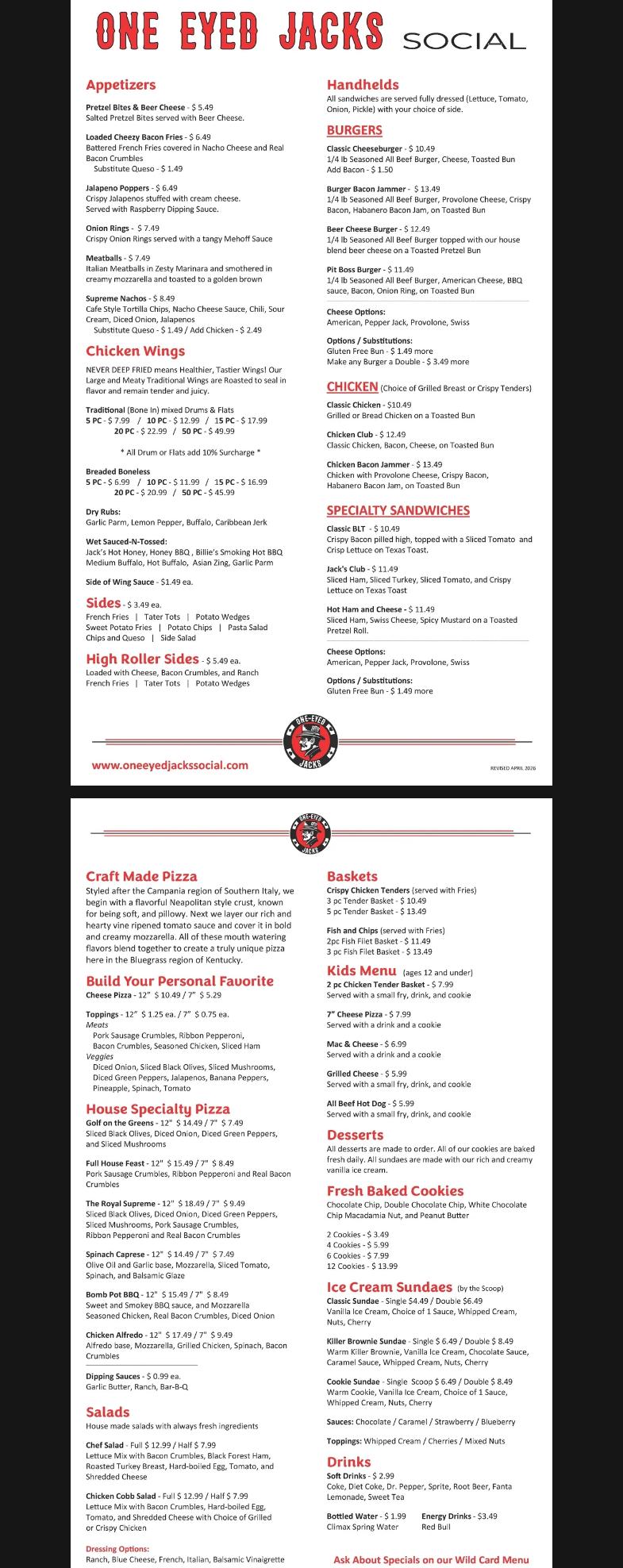 One Eyed Jacks Social Menu