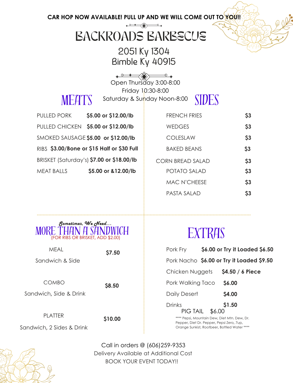 BackRoads Barbecue Drive In Menu