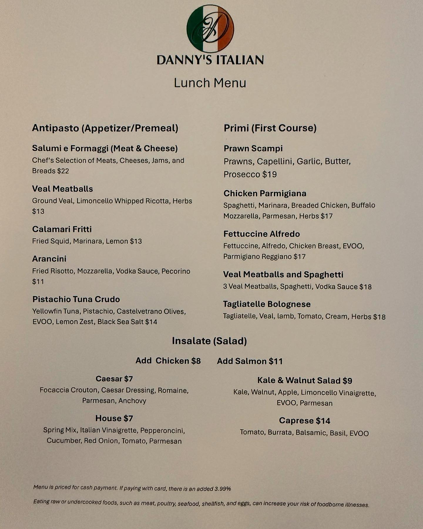 Danny's posta Menu