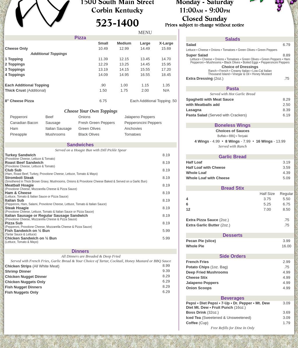 Pizza & Company Menu