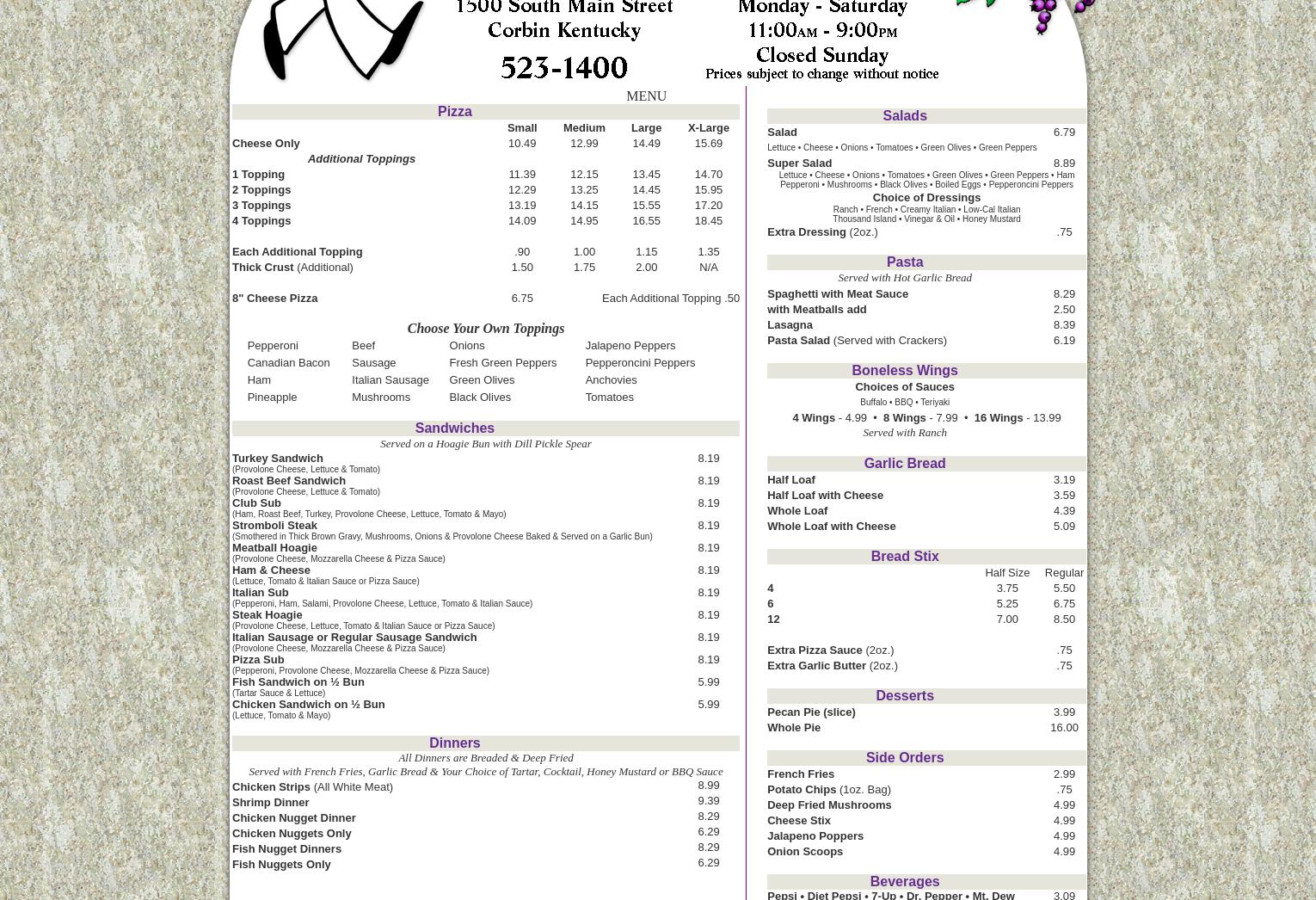 Pizza & Company Menu