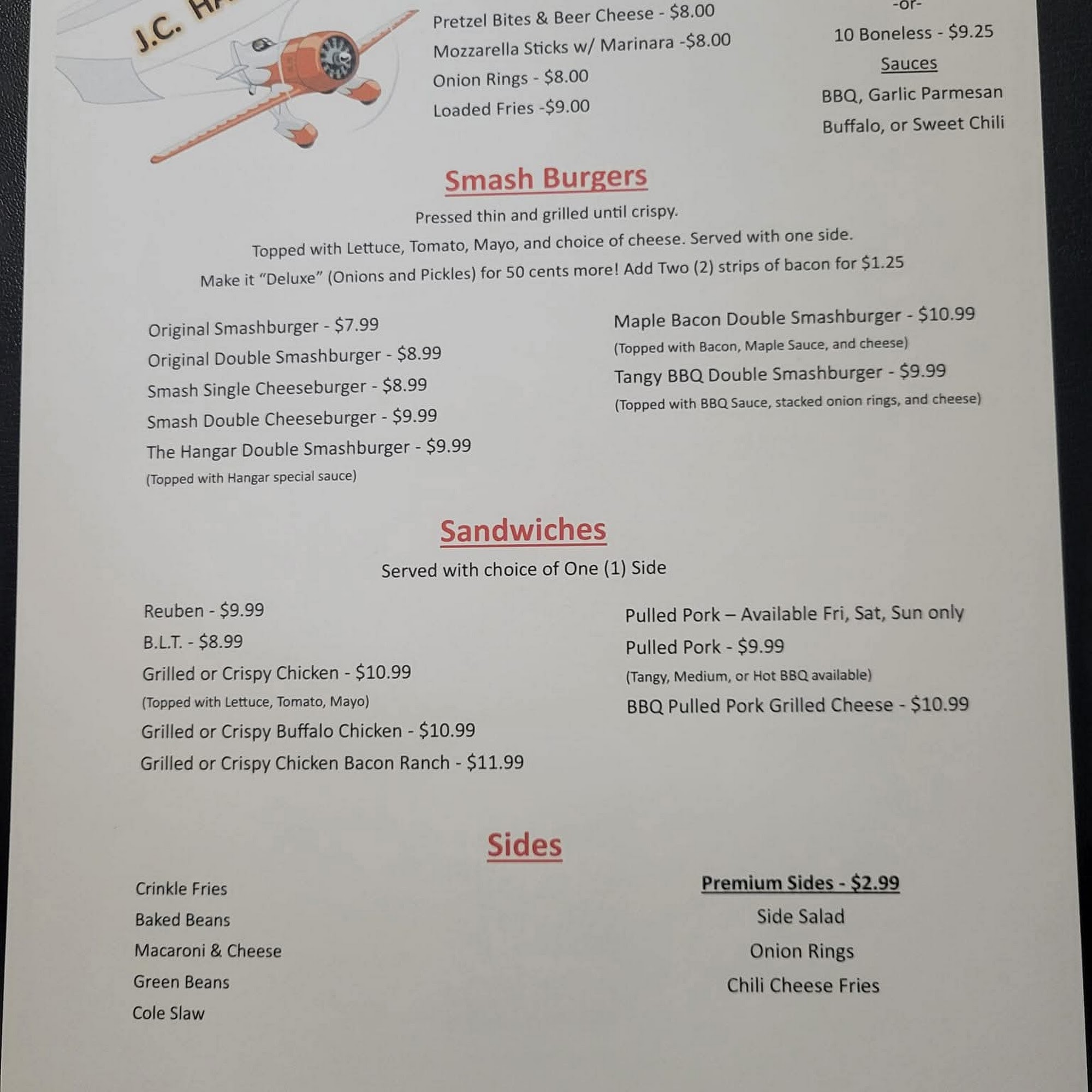 JC Hangar Bar & Grill Menu