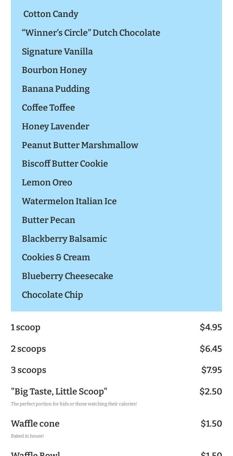 The Colonel's Creamery Menu