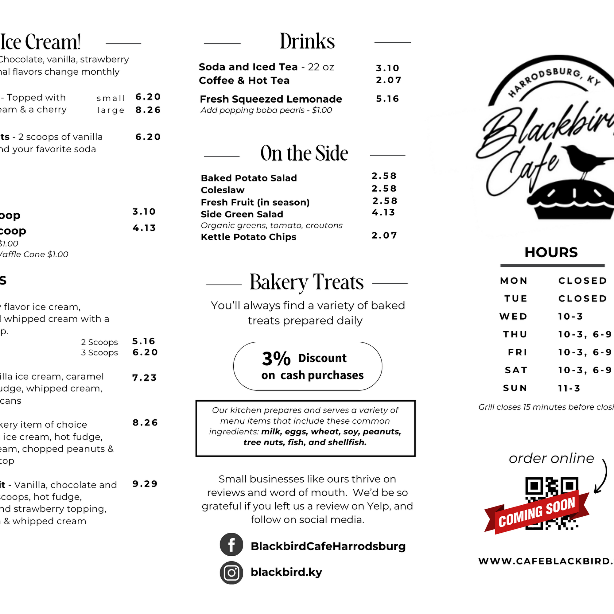 Blackbird Cafe Menu