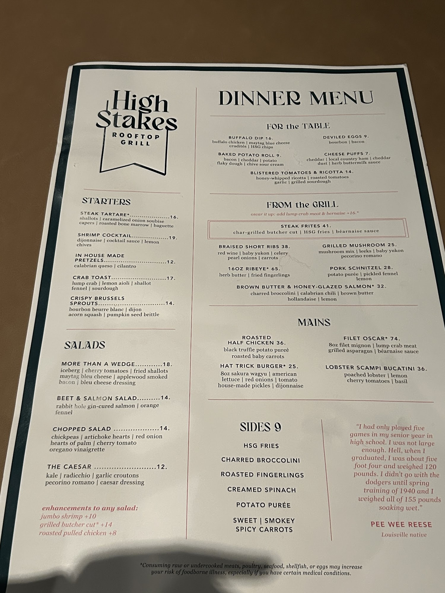 High Stakes Rooftop Grill Menu