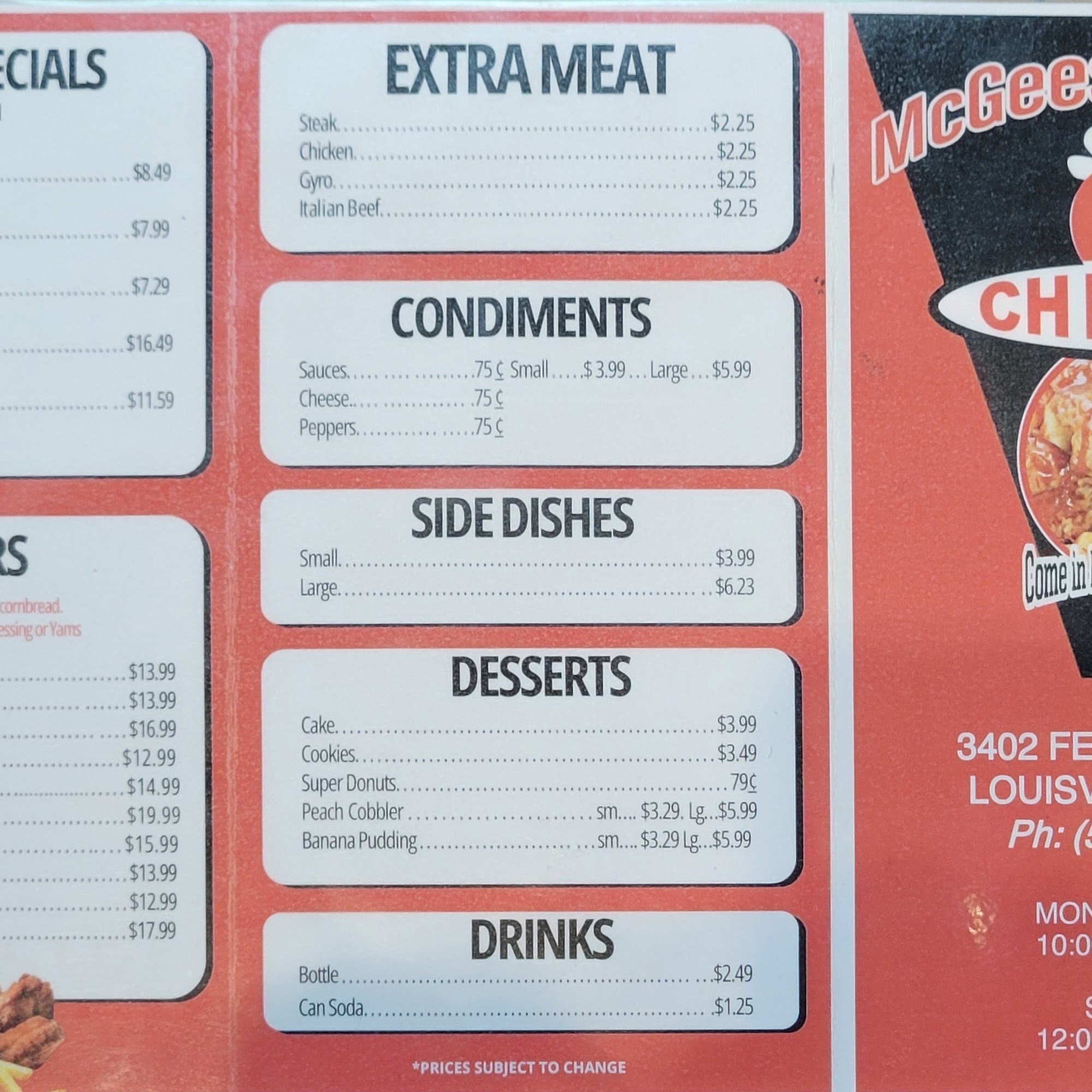 McGees Chicken Menu