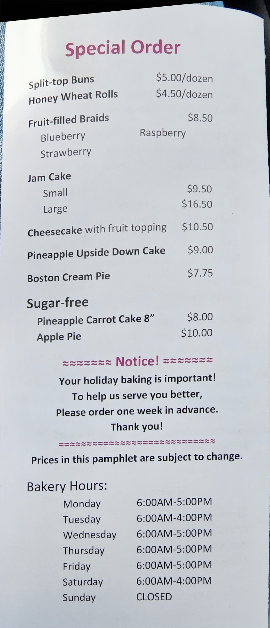 Manchester Bakery Menu