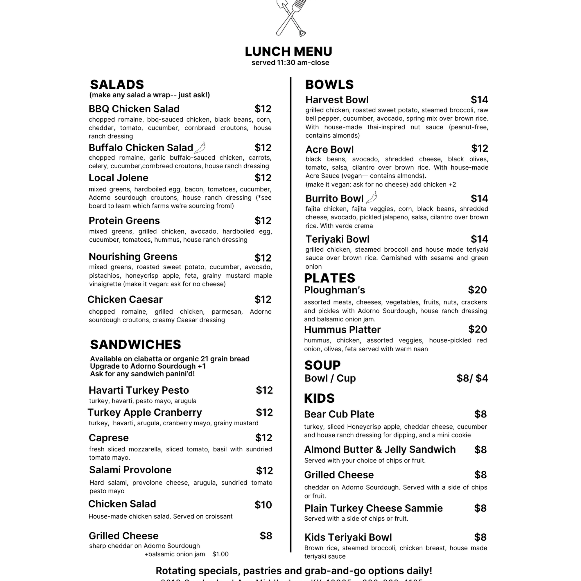 Porteous Acres Menu