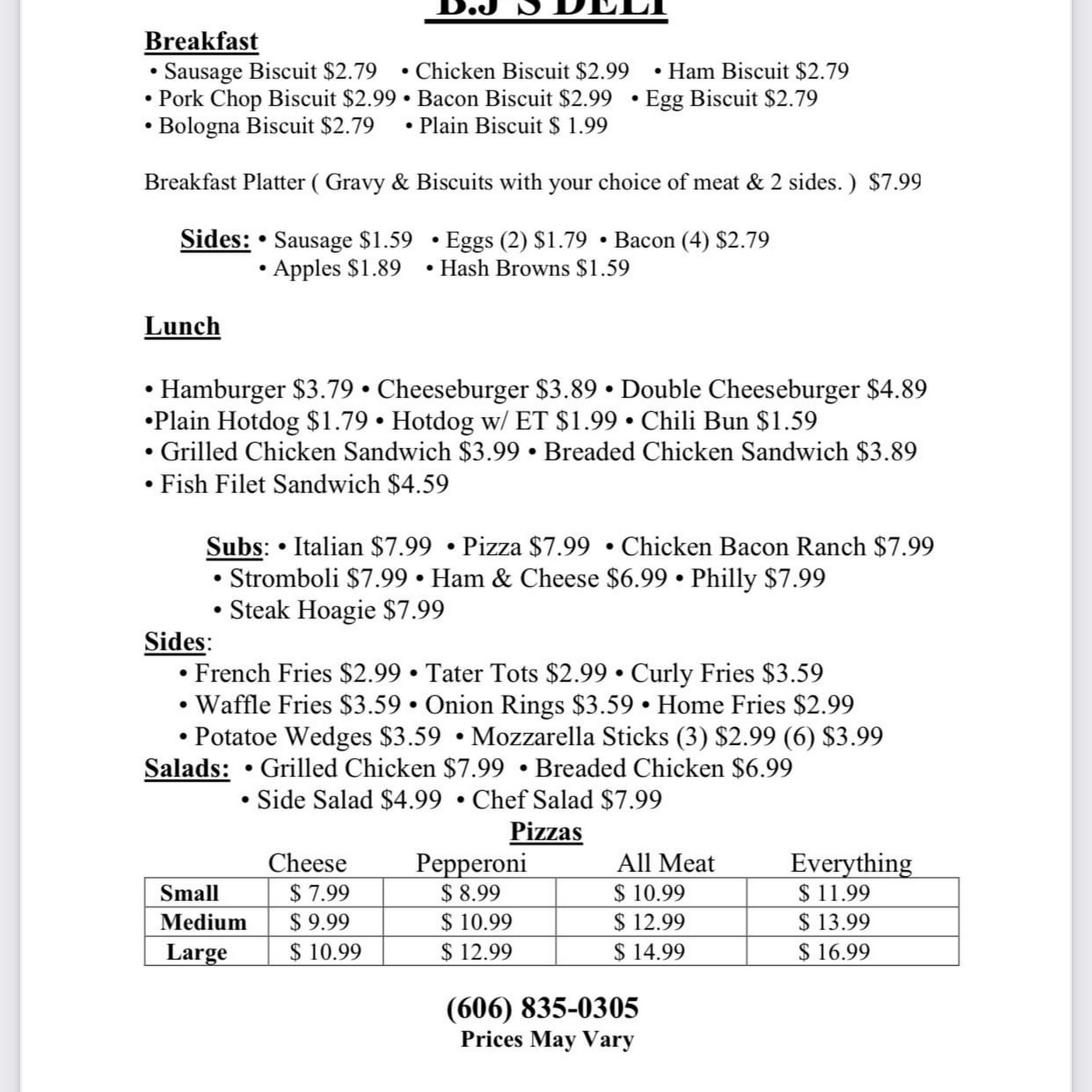 B.J’s Deli Menu