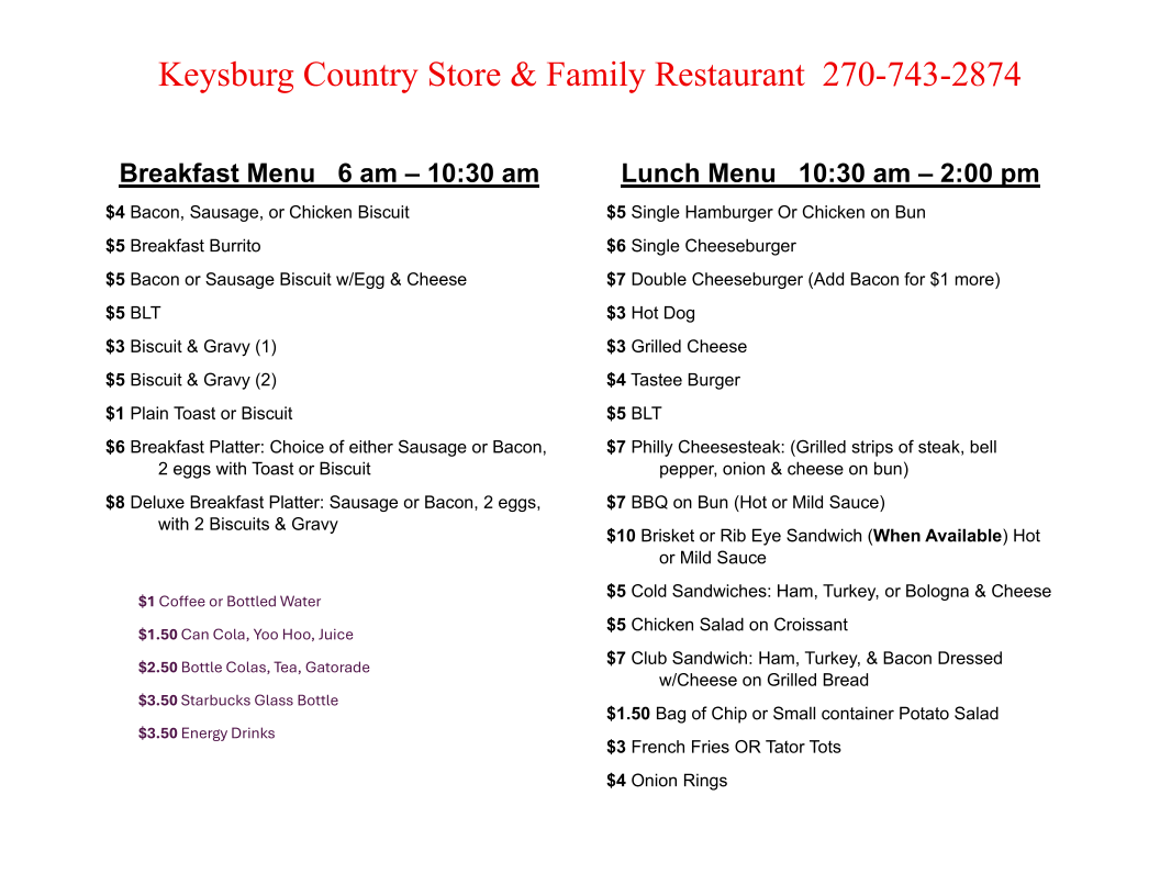 Keysburg Country Store & Family Restaurant Menu