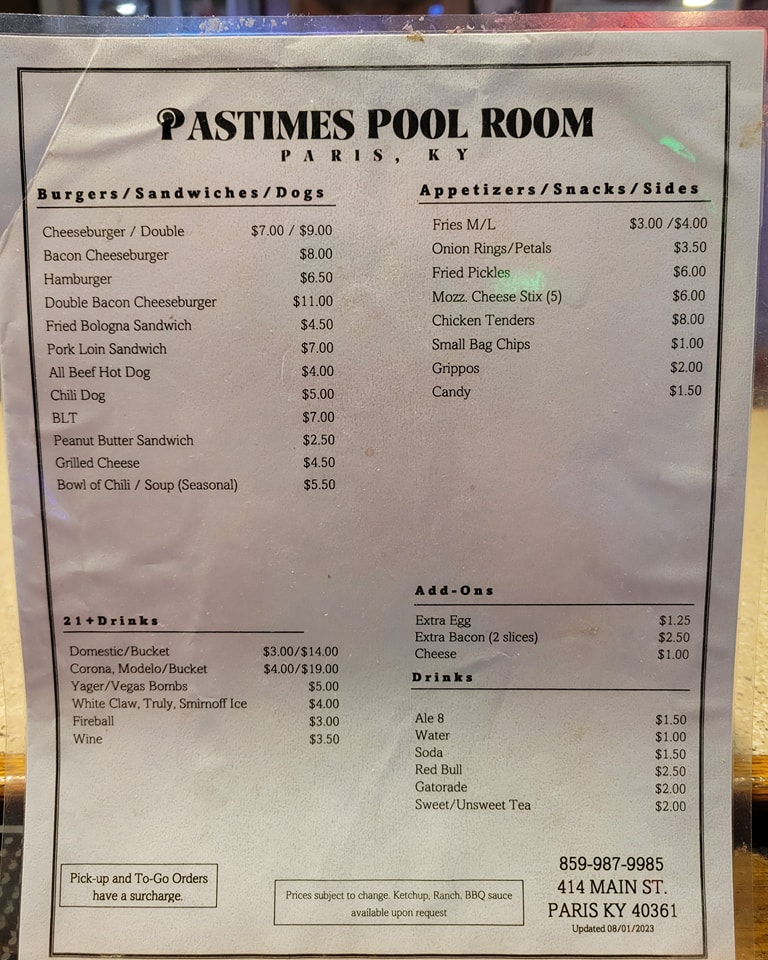 Pastimes Pool Room Menu