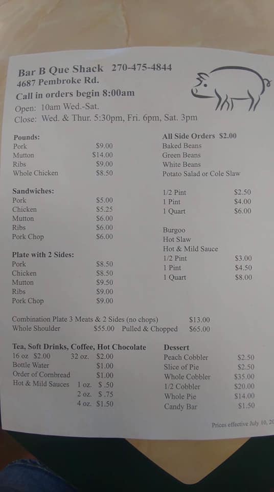 Pembroke Bar B.Q Restaurant Menu