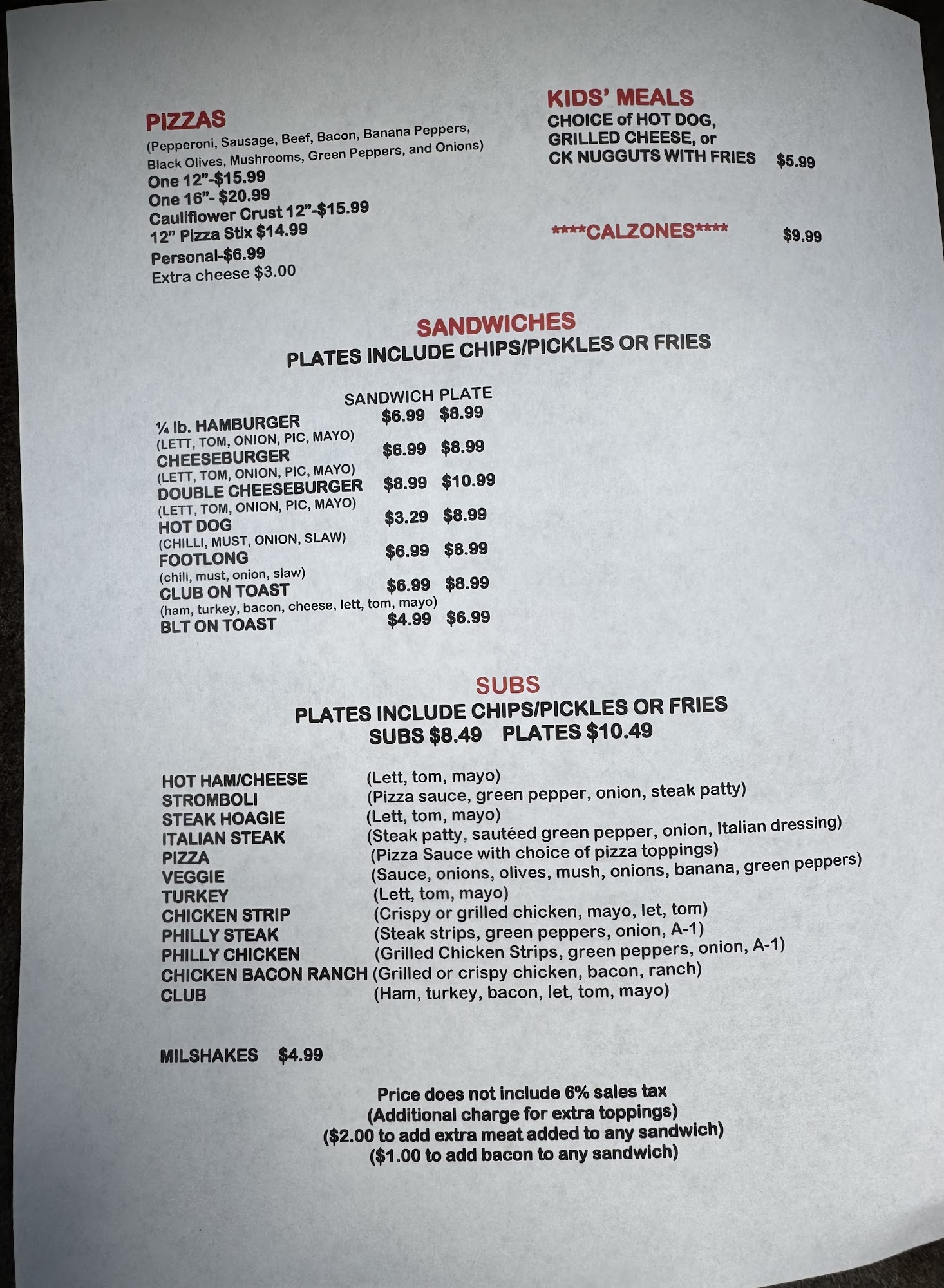 Five Star Pizza Menu