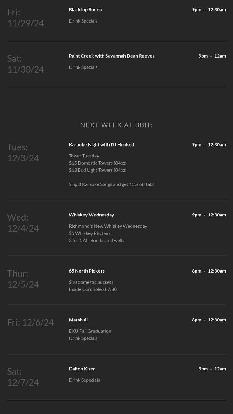 Bluegrass Barrel House Menu