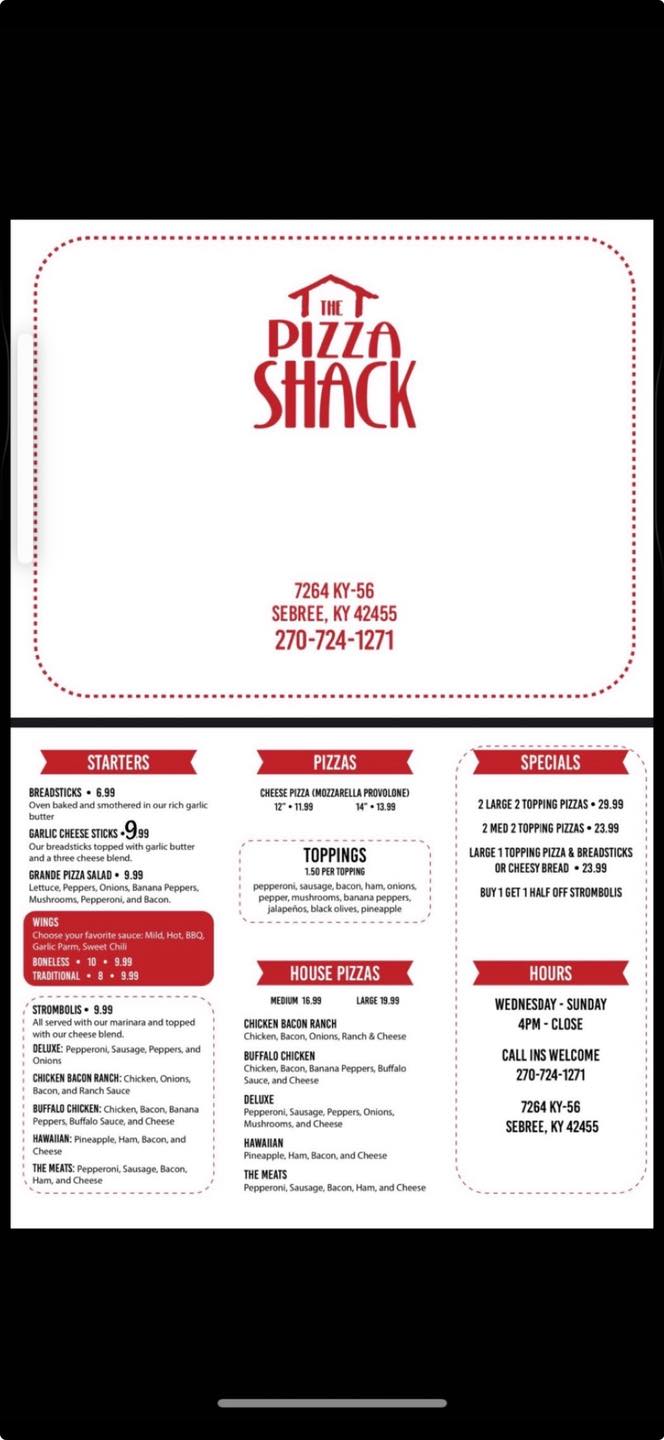 The Pizza Shack Menu