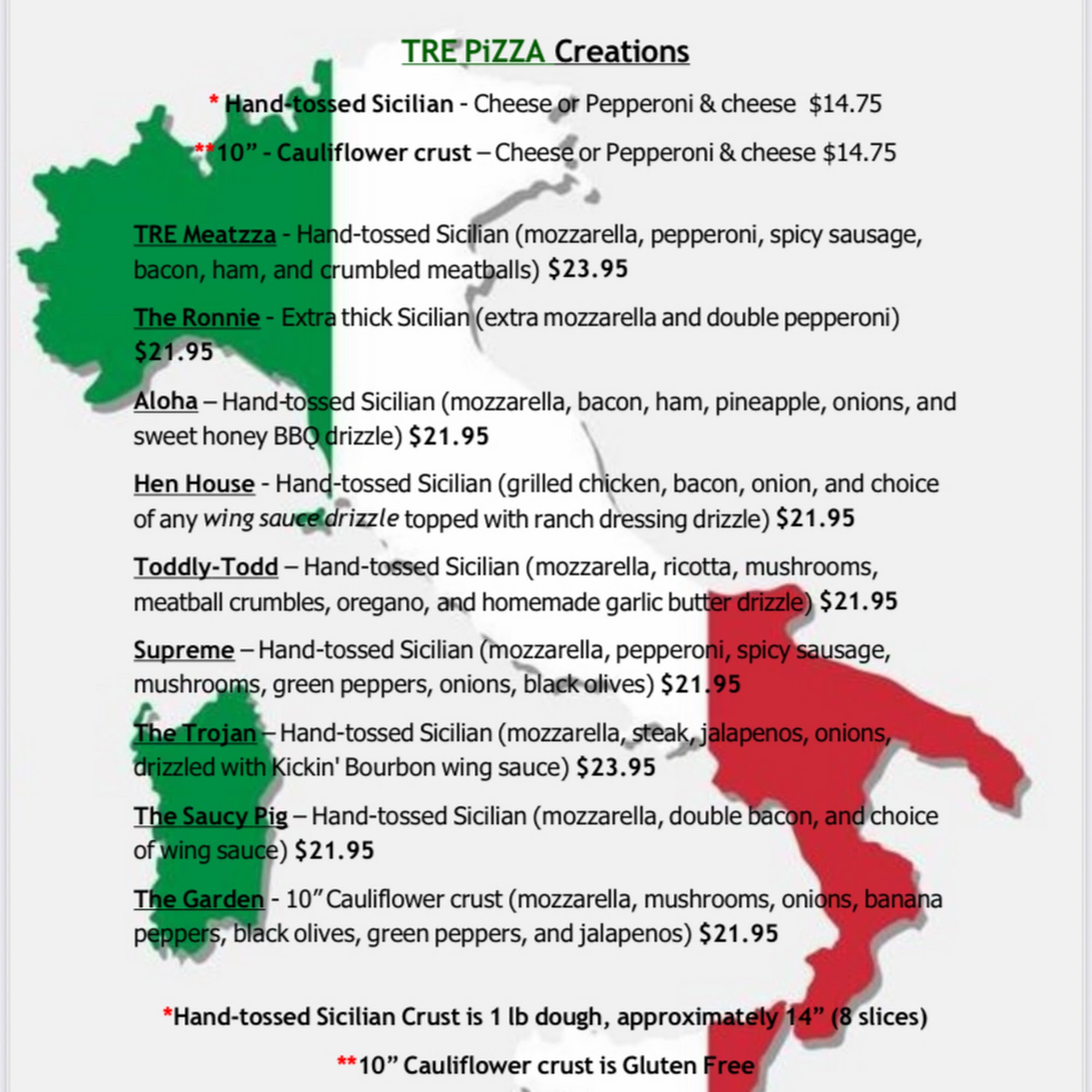 Tre Pizza Menu